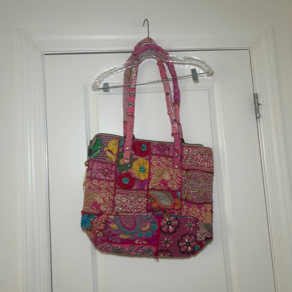 Shop With A Mission India Pink Patchwork Embroidered Sequin Boho Tote Bag NEW - Picture 4 of 5